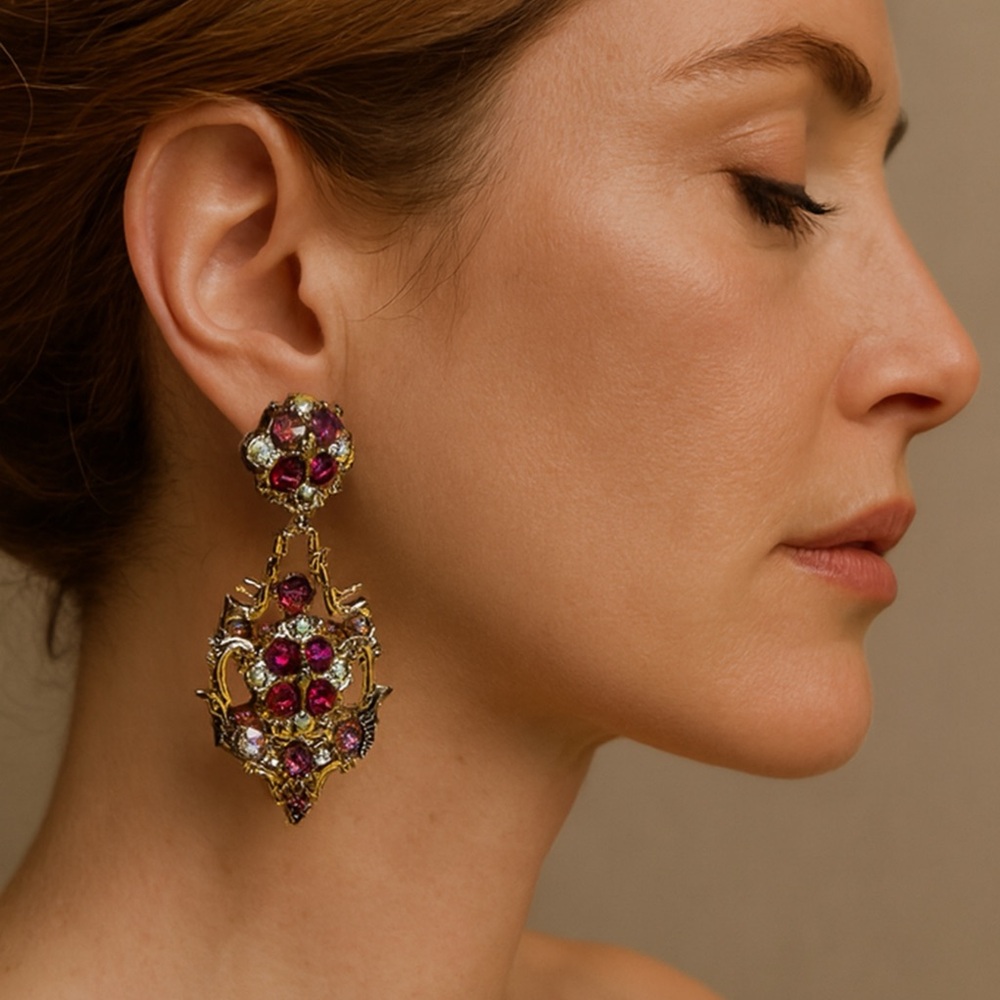 Vintage Gold and Purple Floral Earrings rare chandelier style THELMA DEUTCH